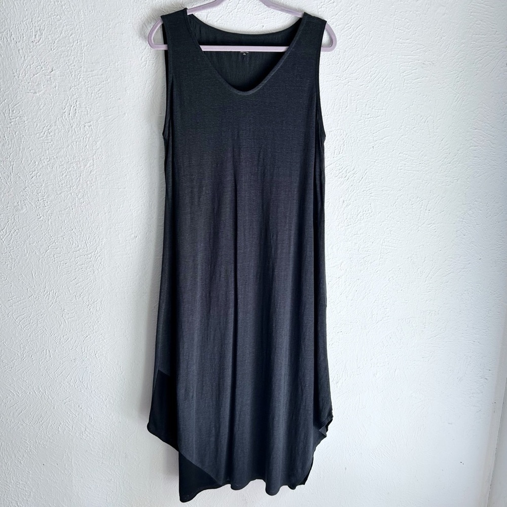 Eileen Fisher Sleeveless Organic Linen Asymmetrical Midi Dress Sz Large Black